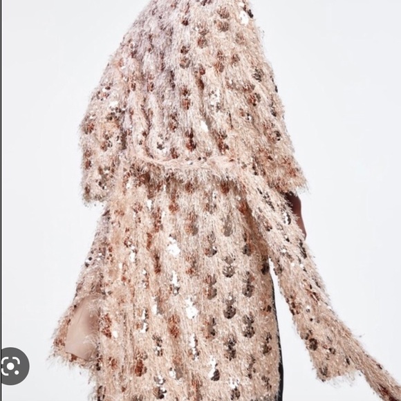 Zara Eyelash Fringe Sequin Pink Cardigan Robe Kimono with Belt XS/S - Picture 5 of 8